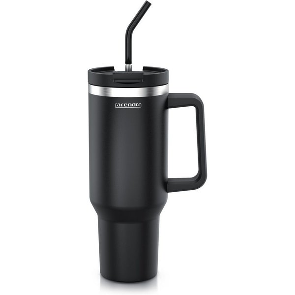 Arendo Thermobecher Thermal Mug 1200 ml, Tumbler, Becher mit Deckel, Henkel und Strohhalm, 1-tlg., Edelstahl, kohlensäuregeeignet, auslaufsicher, doppelwandig, 