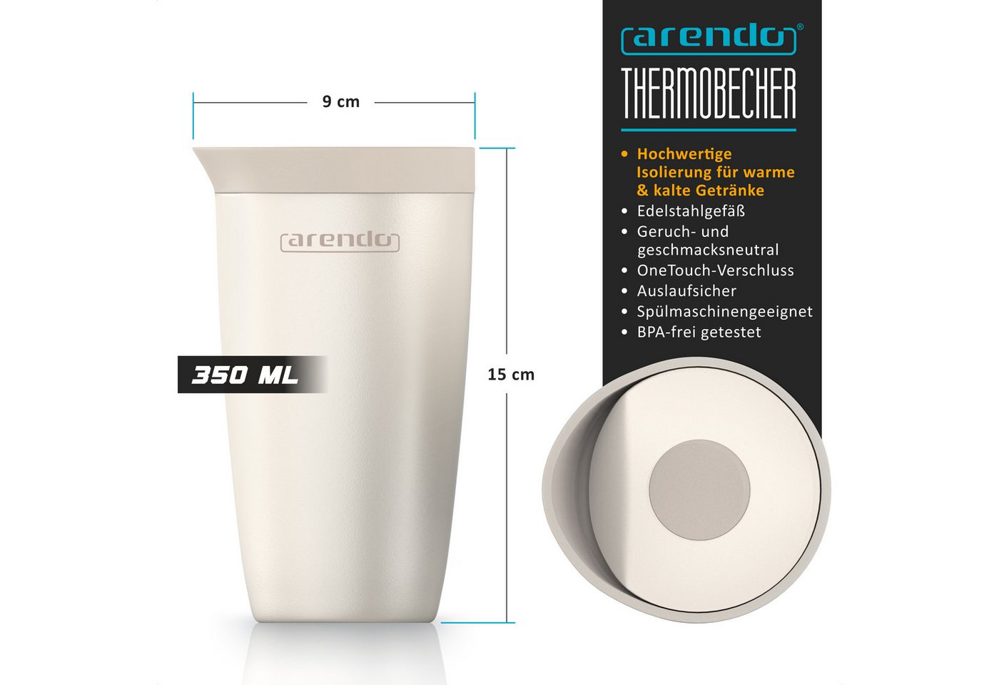 Arendo Thermobecher Thermal Mug 350 ml, Kaffee to go Becher mit Deckel aus Edelstahl 0,3 L, 2-tlg., Edelstahl, hält 12h heiß & 6h kalt, doppelwandig, 100% ausla – Bild 2 von 5