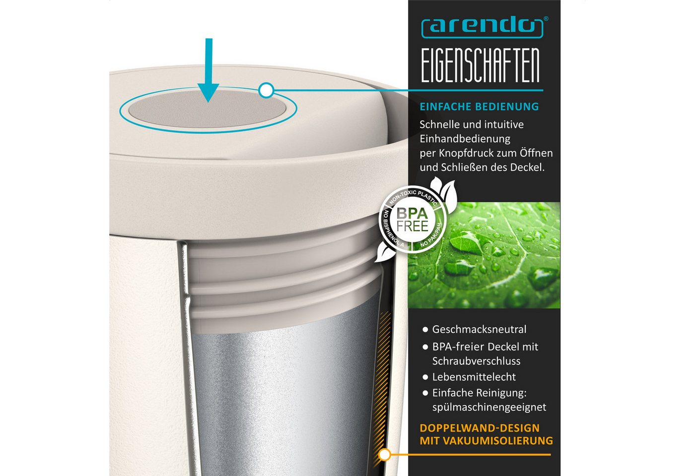 Arendo Thermobecher Thermal Mug 350 ml, Kaffee to go Becher mit Deckel aus Edelstahl 0,3 L, 2-tlg., Edelstahl, hält 12h heiß & 6h kalt, doppelwandig, 100% ausla – Bild 3 von 5