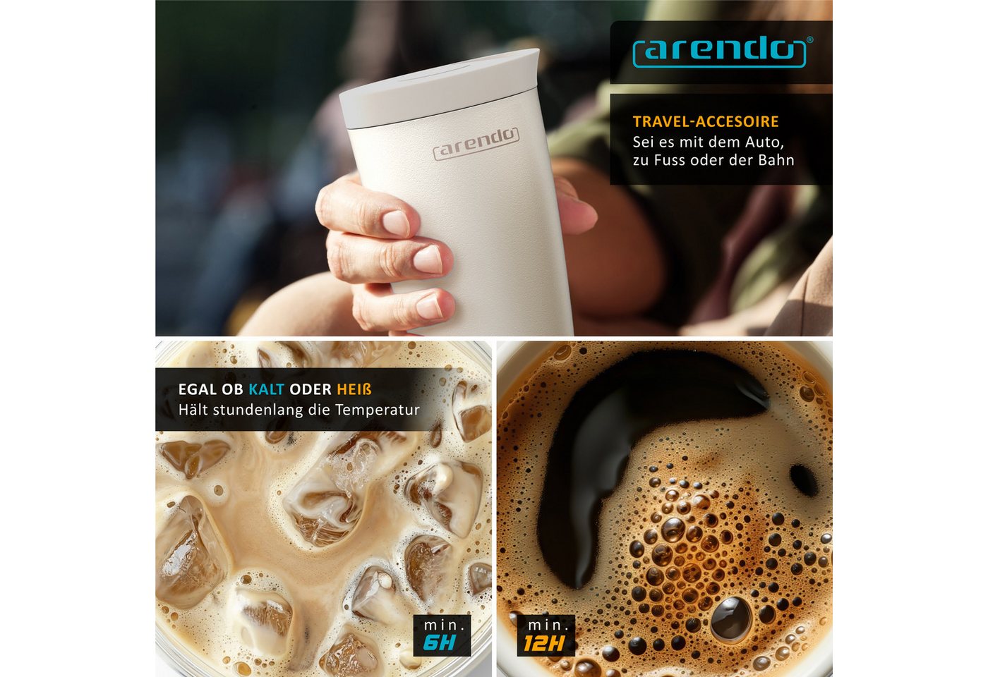 Arendo Thermobecher Thermal Mug 350 ml, Kaffee to go Becher mit Deckel aus Edelstahl 0,3 L, 2-tlg., Edelstahl, hält 12h heiß & 6h kalt, doppelwandig, 100% ausla – Bild 5 von 5