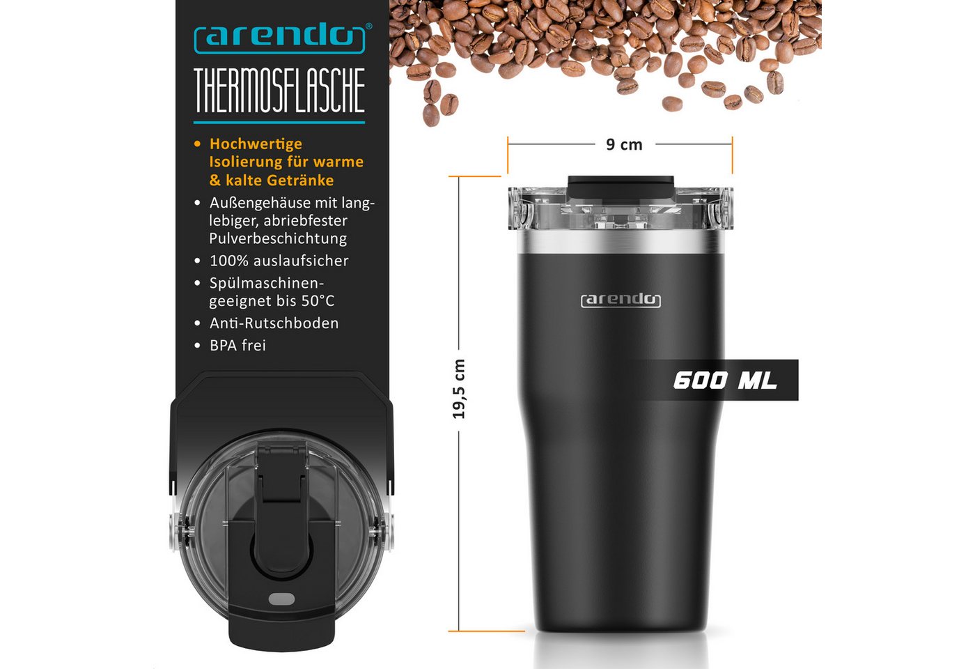 Arendo Thermobecher Thermal Mug 600 ml, Kaffee to go Becher mit Deckel aus Edelstahl 0,6 L, 1-tlg., Edelstahl (SUS304 innen, SUS201 außen), Deckel aus Kunststof – Bild 2 von 5