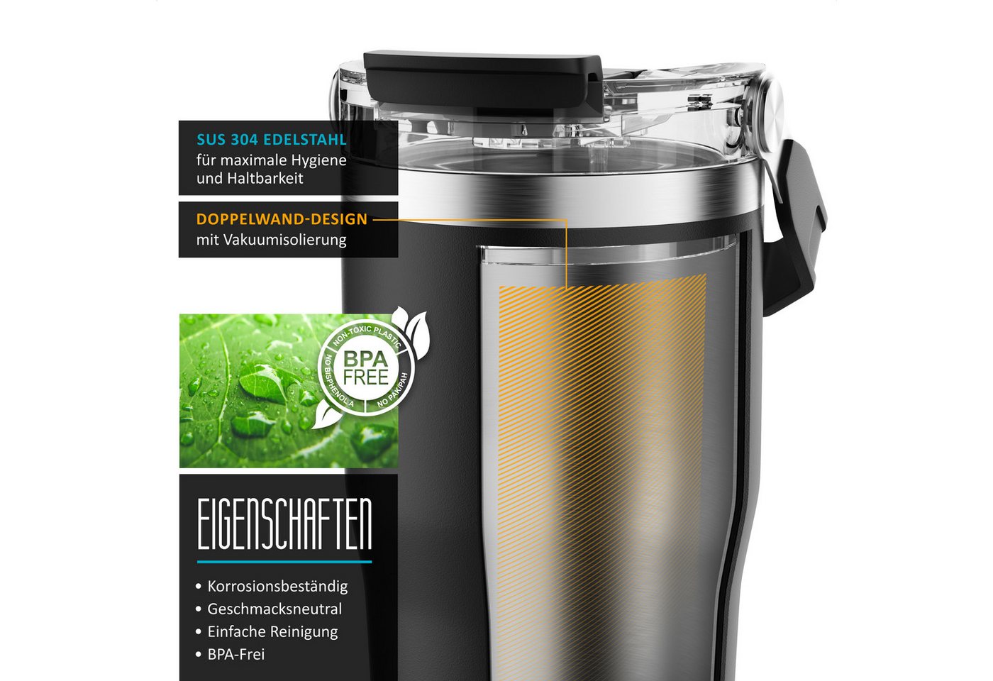 Arendo Thermobecher Thermal Mug 600 ml, Kaffee to go Becher mit Deckel aus Edelstahl 0,6 L, 1-tlg., Edelstahl (SUS304 innen, SUS201 außen), Deckel aus Kunststof – Bild 3 von 5