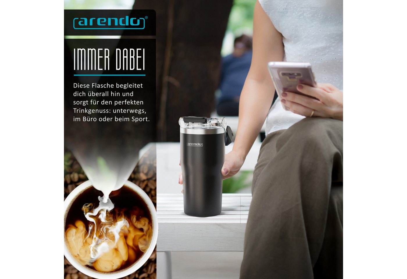 Arendo Thermobecher Thermal Mug 600 ml, Kaffee to go Becher mit Deckel aus Edelstahl 0,6 L, 1-tlg., Edelstahl (SUS304 innen, SUS201 außen), Deckel aus Kunststof – Bild 5 von 5