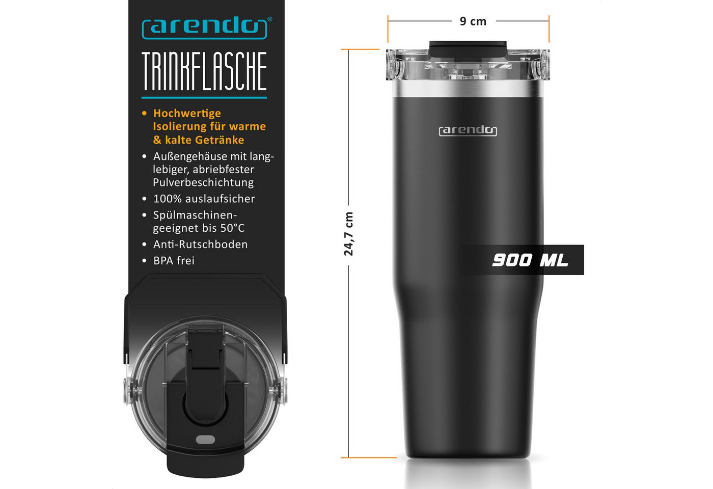 Arendo Thermobecher Thermal Mug 900 ml, Kaffee to go Becher mit Deckel aus Edelstahl 0,9 L, 1-tlg., Edelstahl (SUS304 innen, SUS201 außen), Deckel aus Kunststof – Bild 2 von 5