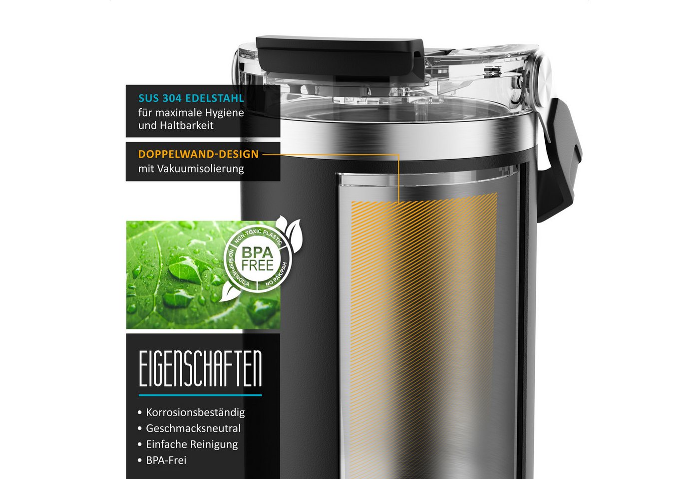 Arendo Thermobecher Thermal Mug 900 ml, Kaffee to go Becher mit Deckel aus Edelstahl 0,9 L, 1-tlg., Edelstahl (SUS304 innen, SUS201 außen), Deckel aus Kunststof – Bild 4 von 5