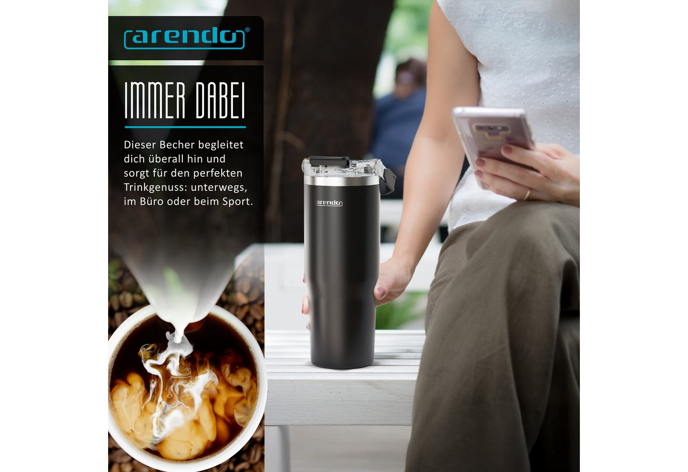 Arendo Thermobecher Thermal Mug 900 ml, Kaffee to go Becher mit Deckel aus Edelstahl 0,9 L, 1-tlg., Edelstahl (SUS304 innen, SUS201 außen), Deckel aus Kunststof – Bild 5 von 5