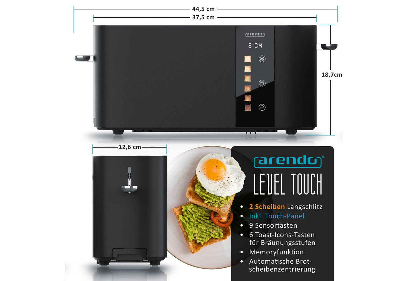 Arendo Toaster 2-Scheiben Edelstahl Langschlitz, Touch, Restzeit Bräunungsgradanzeige, 1 langer Schlitz, für 2 Scheiben, 1000 W, Brötchenaufsatz, Wärmeisoliert, – Bild 2 von 5