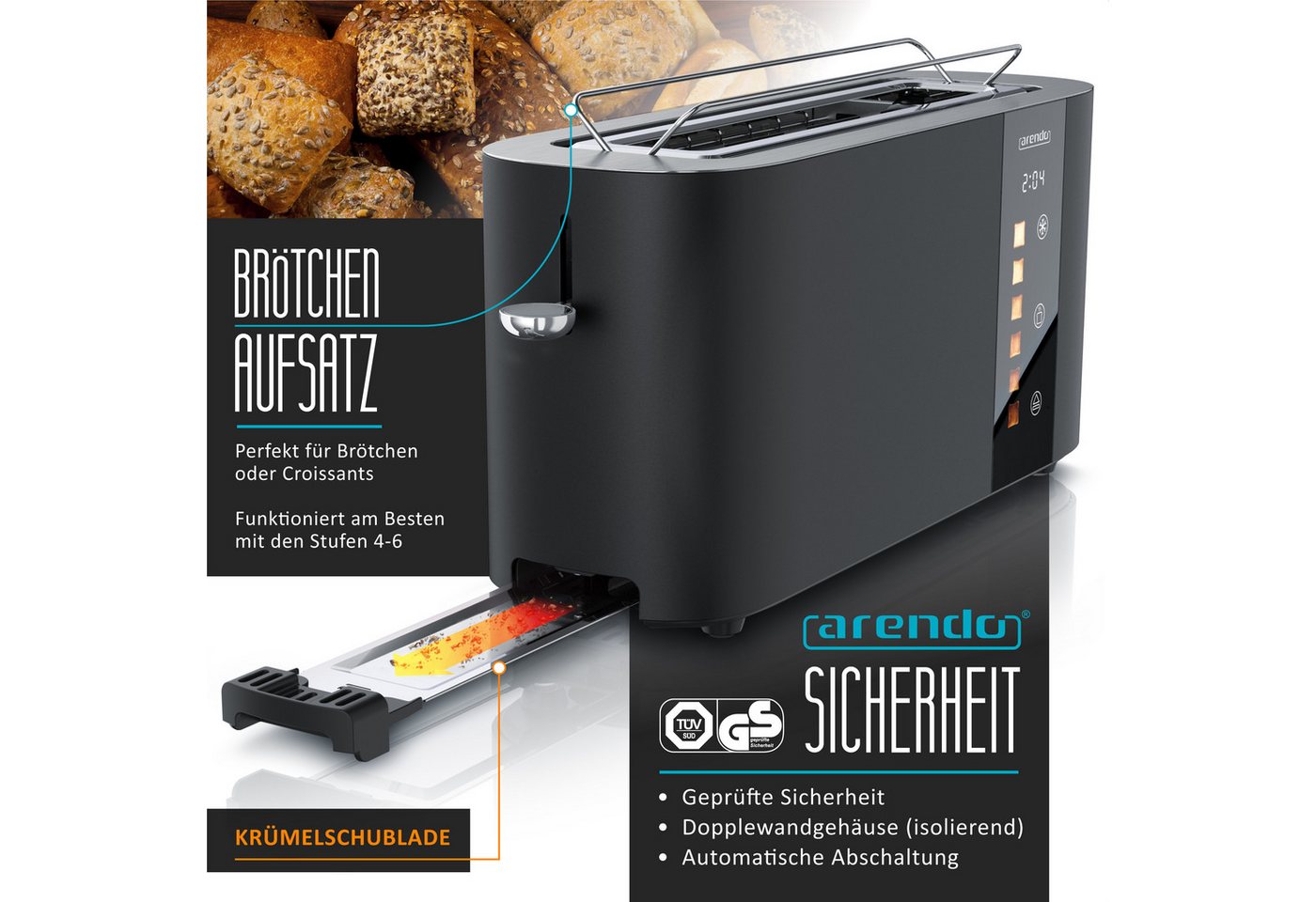 Arendo Toaster 2-Scheiben Edelstahl Langschlitz, Touch, Restzeit Bräunungsgradanzeige, 1 langer Schlitz, für 2 Scheiben, 1000 W, Brötchenaufsatz, Wärmeisoliert, – Bild 3 von 5