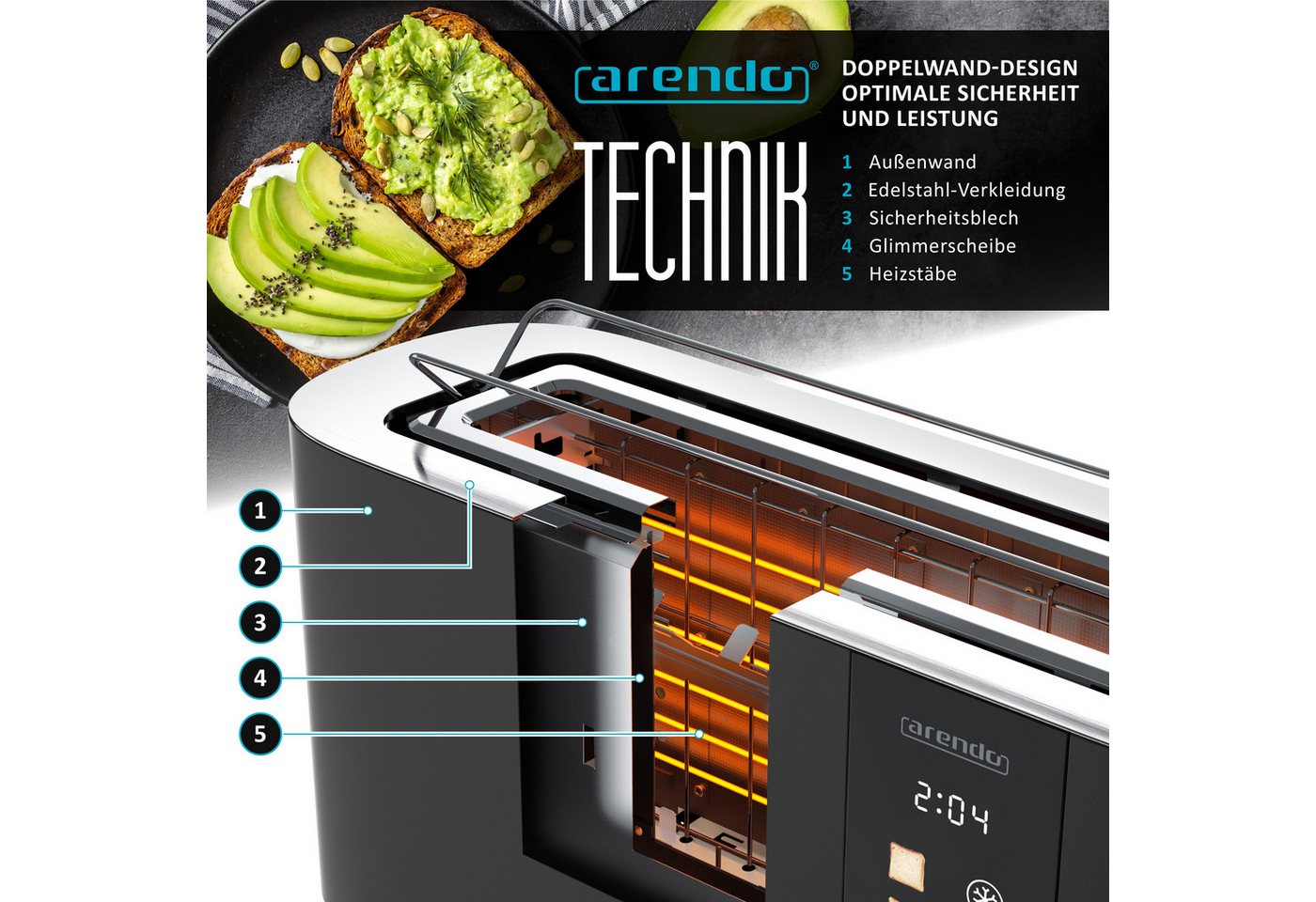 Arendo Toaster 2-Scheiben Edelstahl Langschlitz, Touch, Restzeit Bräunungsgradanzeige, 1 langer Schlitz, für 2 Scheiben, 1000 W, Brötchenaufsatz, Wärmeisoliert, – Bild 5 von 5