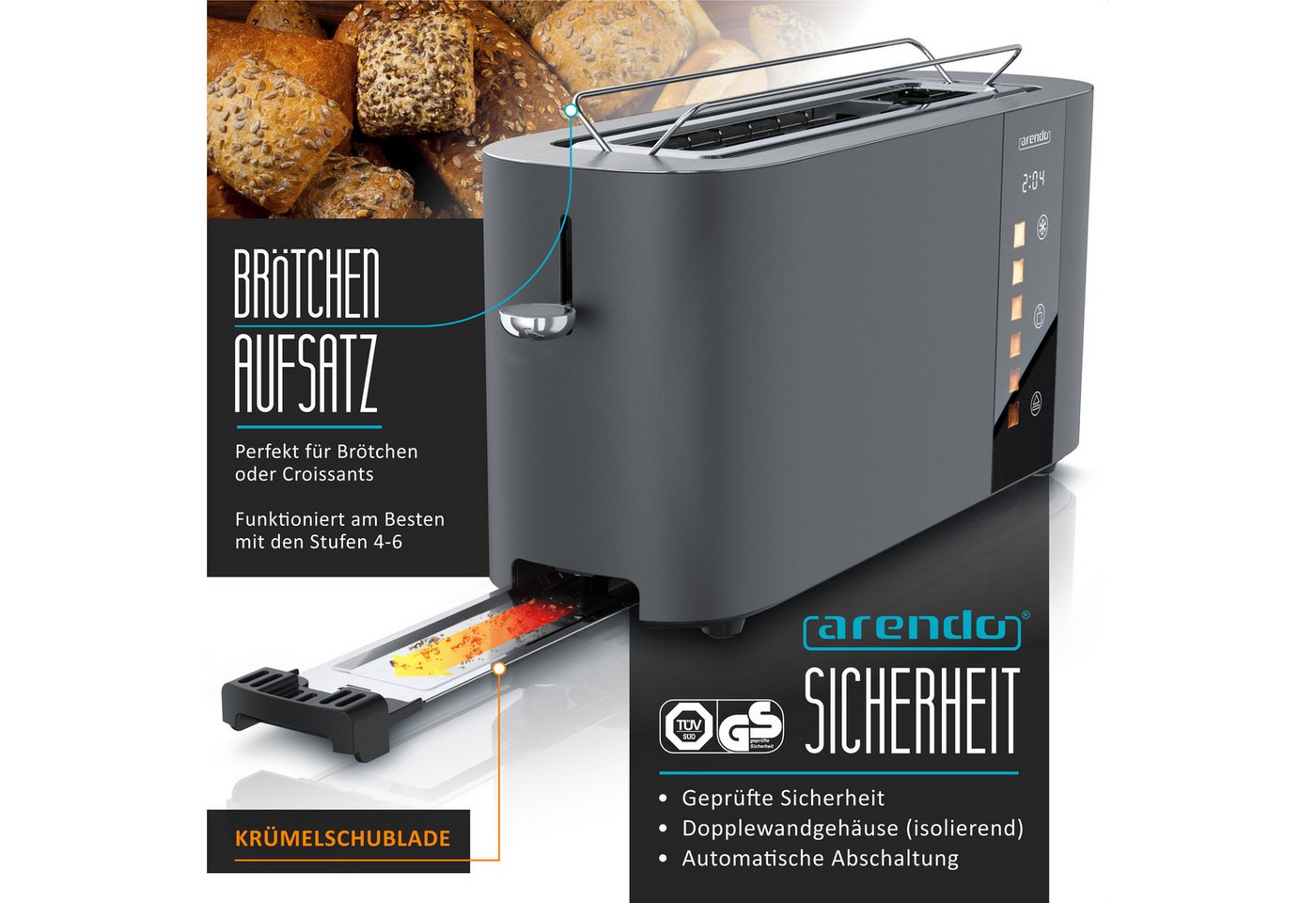 Arendo Toaster 2-Scheiben Edelstahl Langschlitz, Touch, Restzeit Bräunungsgradanzeige, 1 langer Schlitz, für 2 Scheiben, 1000 W, Brötchenaufsatz, Wärmeisoliert, – Bild 3 von 5
