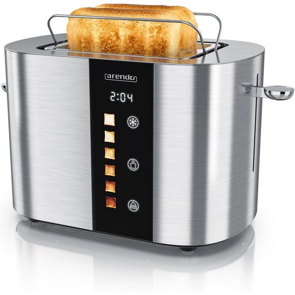 Arendo Toaster 2-Scheiben Kurzschlitz Edelstahl, Touch, Restzeit Bräunungsgradanzeige, 2 Schlitze, für 2 Scheiben, 800 W, Brötchenaufsatz, Wärmeisoliert, Toast-
