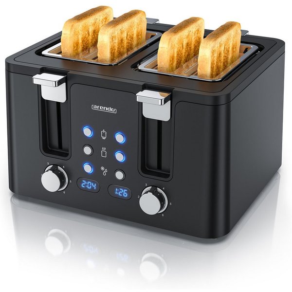 Arendo Toaster 4-Scheiben, Edelstahl, Brötchenaufsatz, Restzeitanzeige, Schwarz, 4 kurze Schlitze, für 4 Scheiben, 1750 W, Doppelwandgehäuse, Defrost Funktion, 