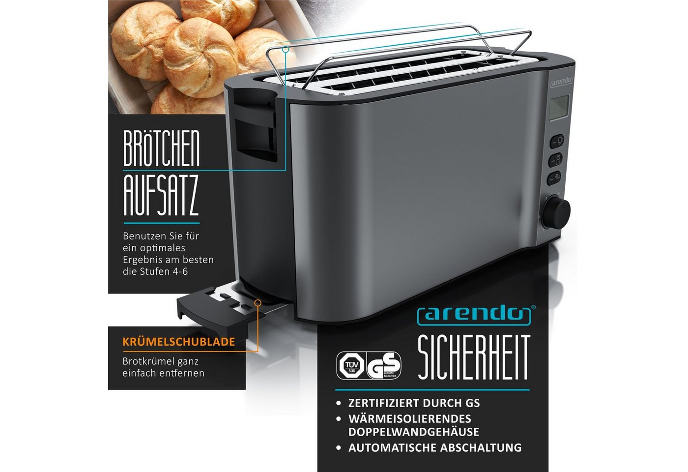 Arendo Toaster Display mit Restzeitanzeige, Edelstahl, Langschlitz, Krümelschublade, 2 lange Schlitze, für 4 Scheiben, 1500 W, Defrost Funktion, Wärmeisolierend – Bild 2 von 5