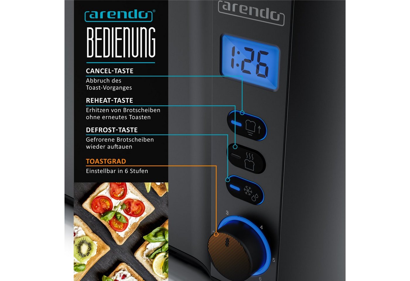 Arendo Toaster Display mit Restzeitanzeige, Edelstahl, Langschlitz, Krümelschublade, 2 lange Schlitze, für 4 Scheiben, 1500 W, Defrost Funktion, Wärmeisolierend – Bild 3 von 5