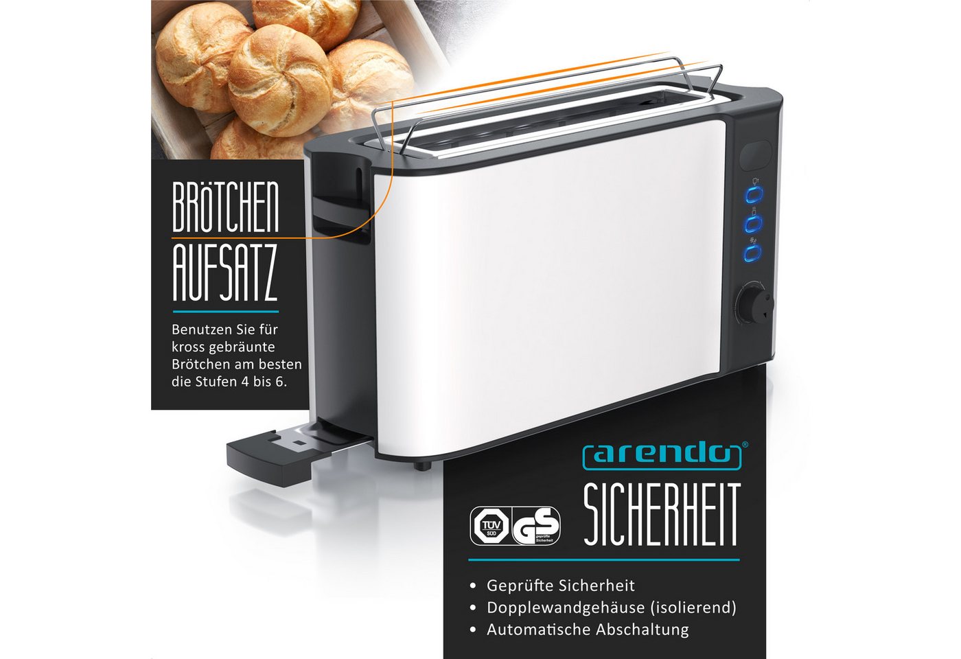 Arendo Toaster Display mit Restzeitanzeige, Edelstahl, Langschlitz, Brötchenaufsatz, 1 langer Schlitz, für 2 Scheiben, 1000 W, Defrost Funktion, Wärmeisolierend – Bild 2 von 5