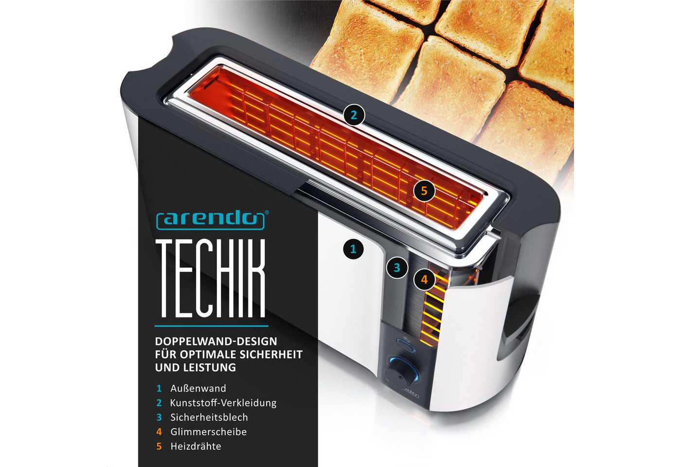Arendo Toaster Display mit Restzeitanzeige, Edelstahl, Langschlitz, Brötchenaufsatz, 1 langer Schlitz, für 2 Scheiben, 1000 W, Defrost Funktion, Wärmeisolierend – Bild 4 von 5