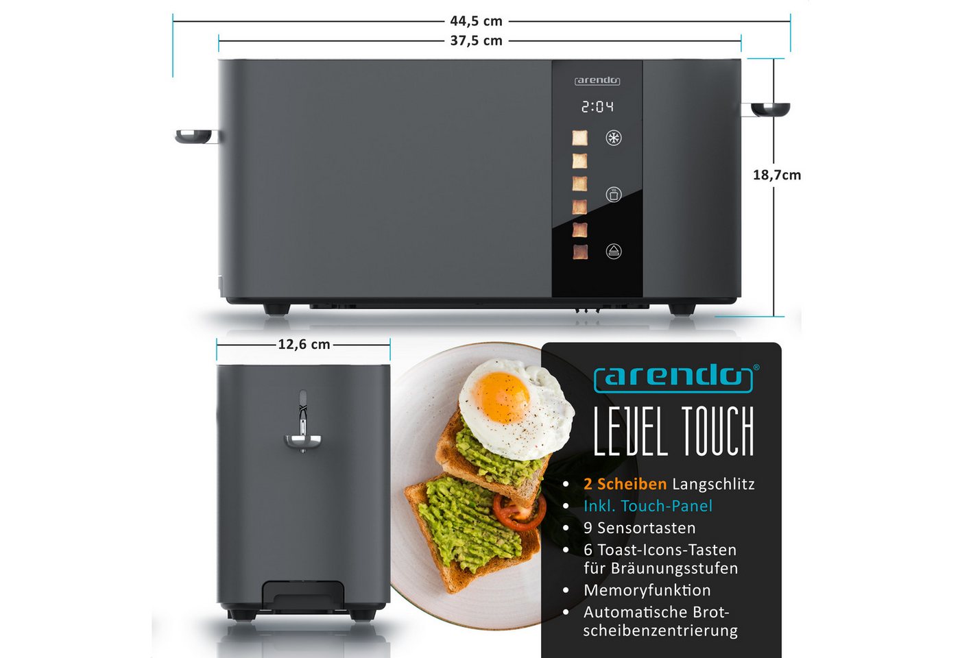 Arendo Toaster Edelstahl, Langschlitz, Touch Display, Restzeit & Bräunungsgradanzeige, 1 langer Schlitz, für 2 Scheiben, 1000 W, Brötchenaufsatz, Wärmeisoliert, – Bild 2 von 5