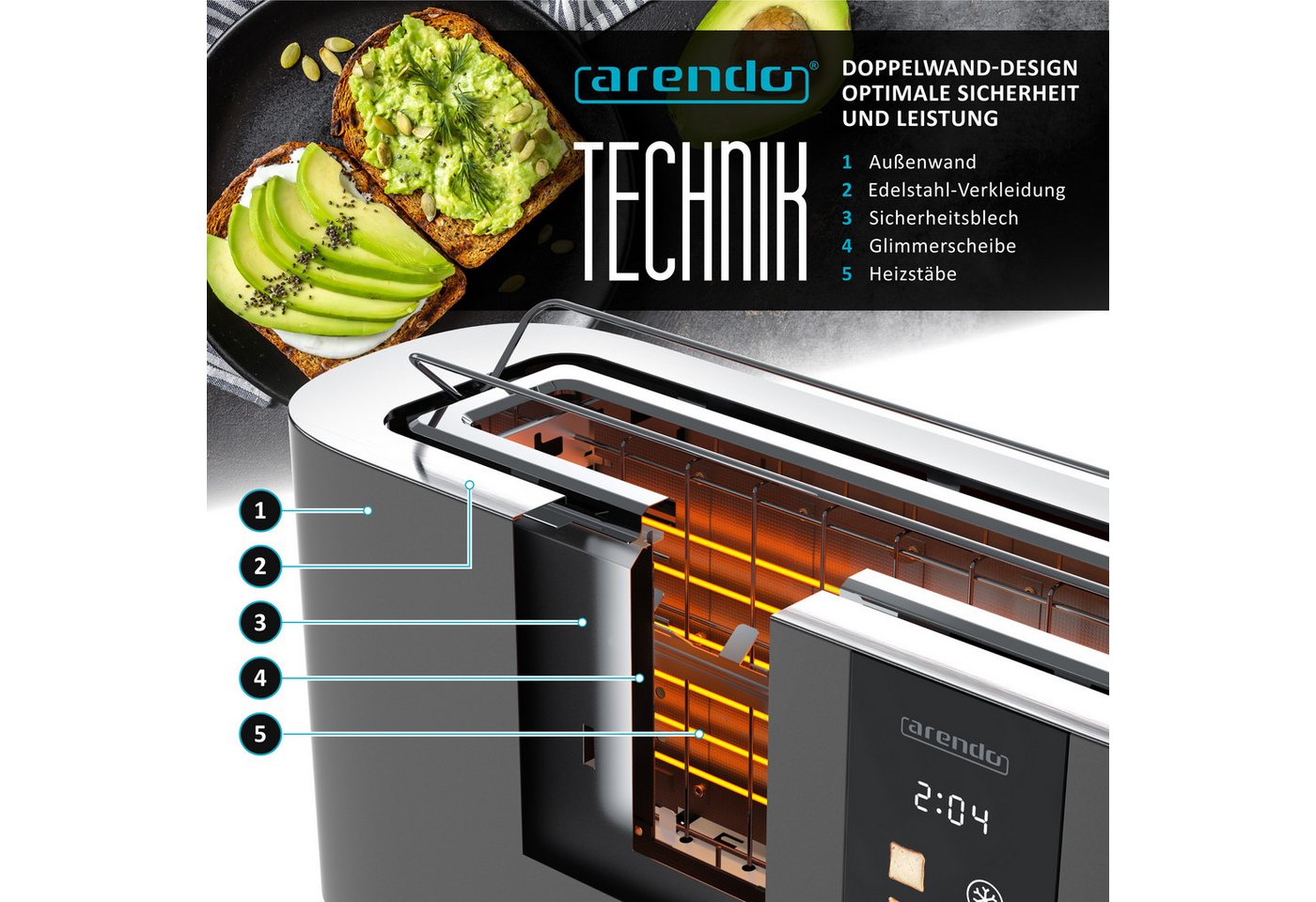 Arendo Toaster Edelstahl, Langschlitz, Touch Display, Restzeit & Bräunungsgradanzeige, 1 langer Schlitz, für 2 Scheiben, 1000 W, Brötchenaufsatz, Wärmeisoliert, – Bild 5 von 5