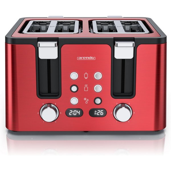 Arendo Toaster Edelstahl, Brötchenaufsatz, Restzeitanzeige, Rot, 4 kurze Schlitze, für 4 Scheiben, 1750 W, Doppelwandgehäuse, Defrost Funktion, Krümelschublade,