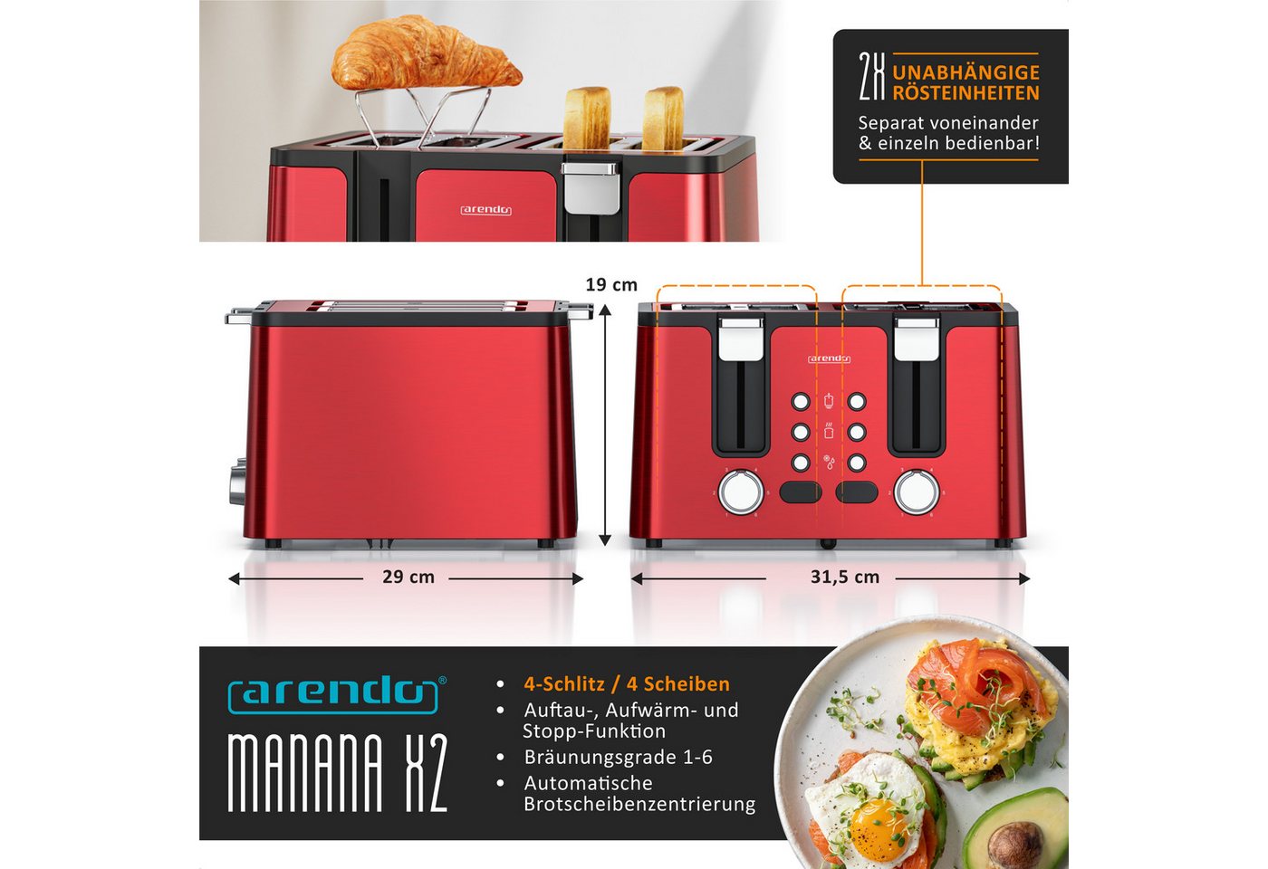 Arendo Toaster Edelstahl, Brötchenaufsatz, Restzeitanzeige, Rot, 4 kurze Schlitze, für 4 Scheiben, 1750 W, Doppelwandgehäuse, Defrost Funktion, Krümelschublade, – Bild 2 von 5