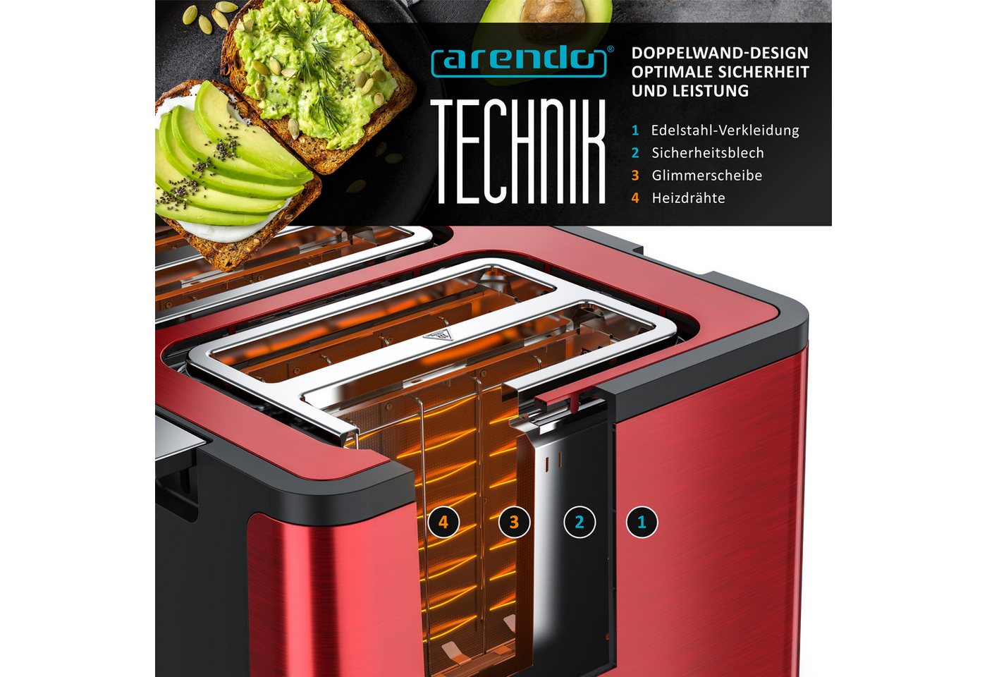 Arendo Toaster Edelstahl, Brötchenaufsatz, Restzeitanzeige, Rot, 4 kurze Schlitze, für 4 Scheiben, 1750 W, Doppelwandgehäuse, Defrost Funktion, Krümelschublade, – Bild 4 von 5