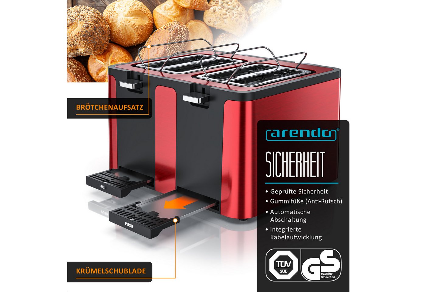 Arendo Toaster Edelstahl, Brötchenaufsatz, Restzeitanzeige, Rot, 4 kurze Schlitze, für 4 Scheiben, 1750 W, Doppelwandgehäuse, Defrost Funktion, Krümelschublade, – Bild 5 von 5