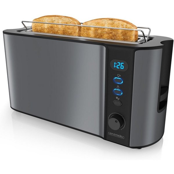 Arendo Toaster Edelstahl, Langschlitz, Display mit Restzeitanzeige, Brötchenaufsatz, 1 langer Schlitz, für 2 Scheiben, 1000 W, Defrost Funktion, Wärmeisolierend