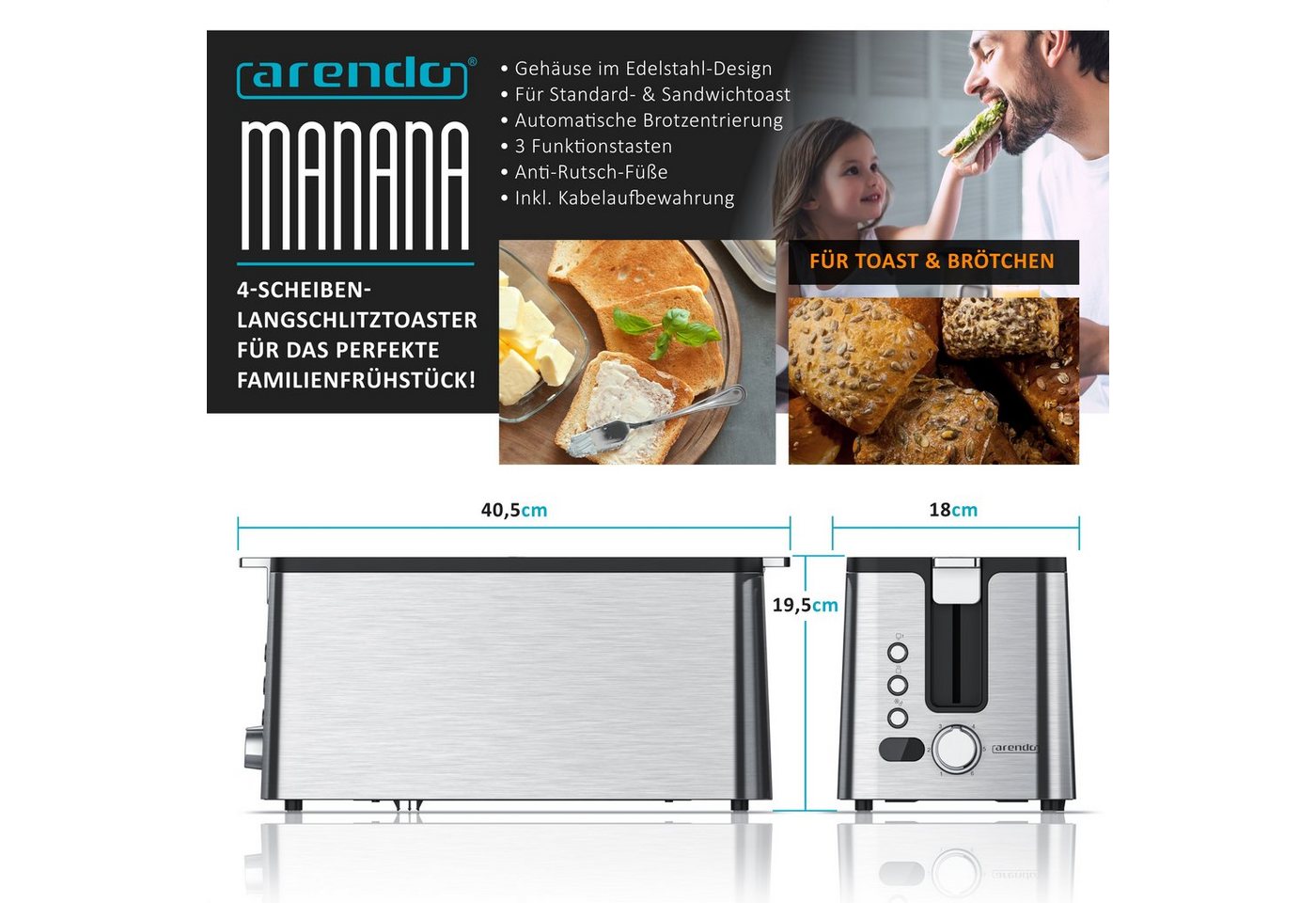 Arendo Toaster Edelstahl, Langschlitz, Display mit Restzeitanzeige, Brötchenaufsatz, 2 lange Schlitze, für 4 Scheiben, 1500 W, Defrost Funktion, Wärmeisolierend – Bild 2 von 5