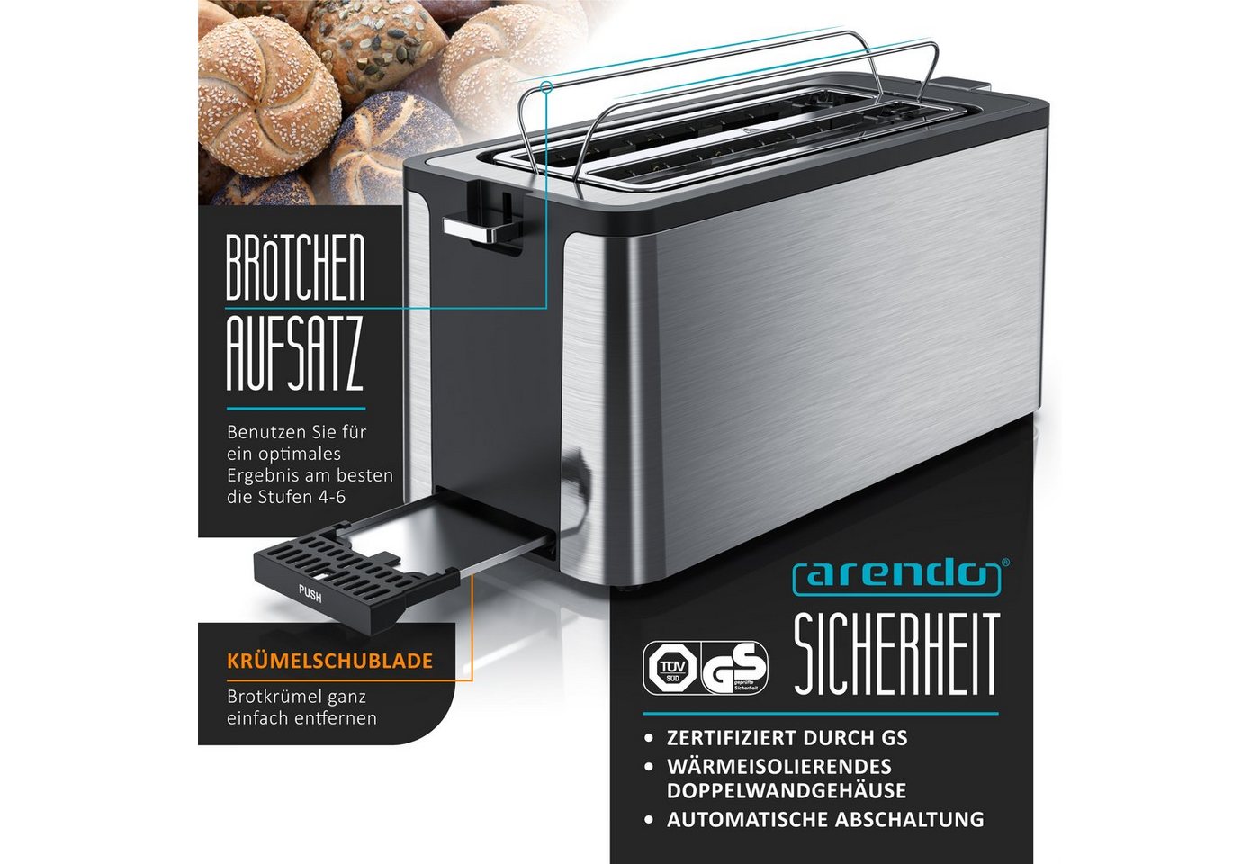 Arendo Toaster Edelstahl, Langschlitz, Display mit Restzeitanzeige, Brötchenaufsatz, 2 lange Schlitze, für 4 Scheiben, 1500 W, Defrost Funktion, Wärmeisolierend – Bild 3 von 5