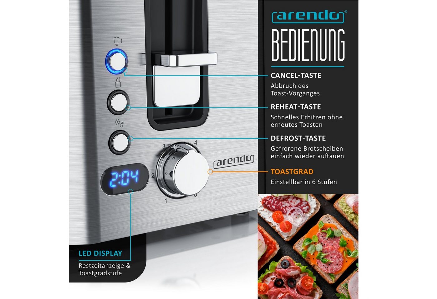 Arendo Toaster Edelstahl, Langschlitz, Display mit Restzeitanzeige, Brötchenaufsatz, 2 lange Schlitze, für 4 Scheiben, 1500 W, Defrost Funktion, Wärmeisolierend – Bild 4 von 5