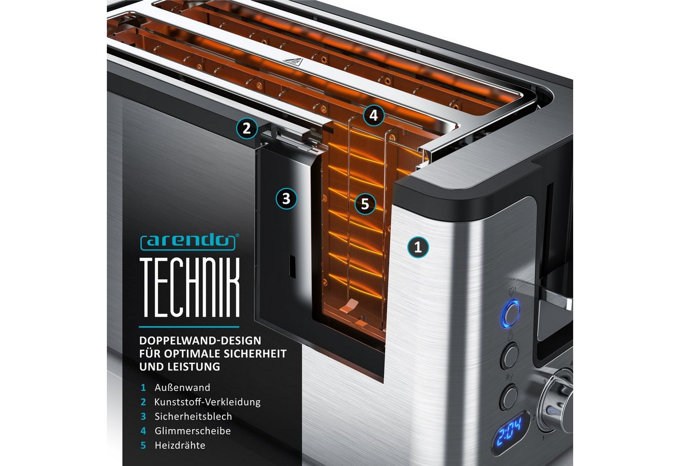 Arendo Toaster Edelstahl, Langschlitz, Display mit Restzeitanzeige, Brötchenaufsatz, 2 lange Schlitze, für 4 Scheiben, 1500 W, Defrost Funktion, Wärmeisolierend – Bild 5 von 5