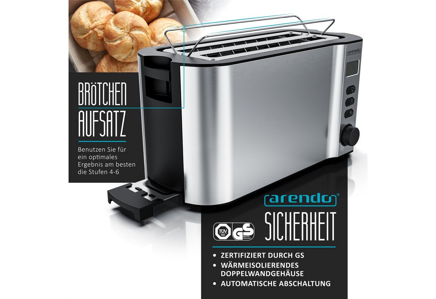 Arendo Toaster Edelstahl, Langschlitz, Display mit Restzeitanzeige, Krümelschublade, 2 lange Schlitze, für 4 Scheiben, 1500 W, Defrost Funktion, Wärmeisolierend – Bild 2 von 5