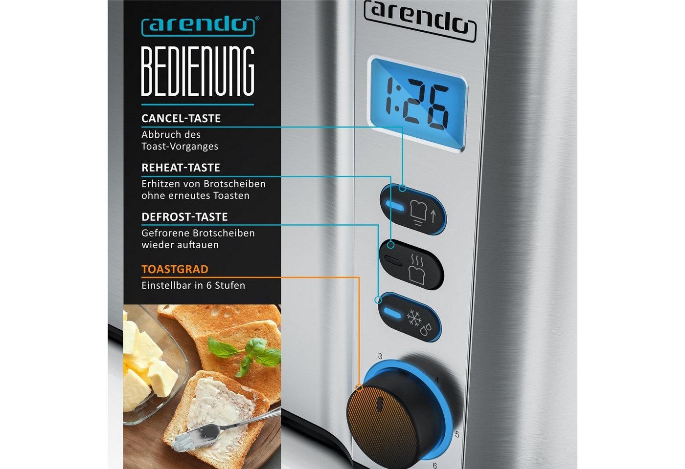 Arendo Toaster Edelstahl, Langschlitz, Display mit Restzeitanzeige, Krümelschublade, 2 lange Schlitze, für 4 Scheiben, 1500 W, Defrost Funktion, Wärmeisolierend – Bild 3 von 5