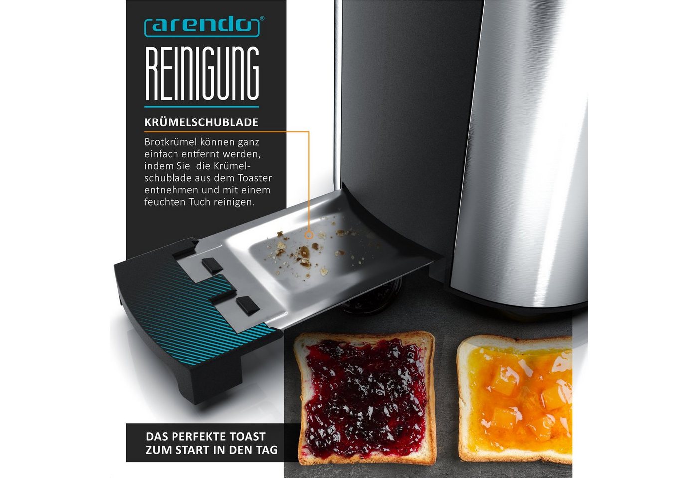 Arendo Toaster Edelstahl, Langschlitz, Display mit Restzeitanzeige, Krümelschublade, 2 lange Schlitze, für 4 Scheiben, 1500 W, Defrost Funktion, Wärmeisolierend – Bild 4 von 5