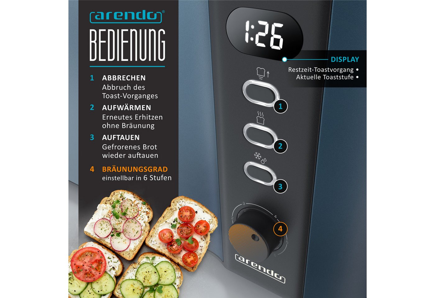 Arendo Toaster Edelstahl, Langschlitz, Display mit Restzeitanzeige, Krümelschublade, 2 lange Schlitze, für 4 Scheiben, 1500 W, Defrost Funktion, Wärmeisolierend – Bild 3 von 5