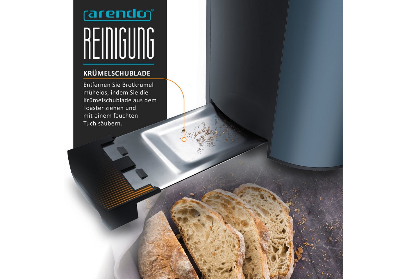 Arendo Toaster Edelstahl, Langschlitz, Display mit Restzeitanzeige, Krümelschublade, 2 lange Schlitze, für 4 Scheiben, 1500 W, Defrost Funktion, Wärmeisolierend – Bild 5 von 5