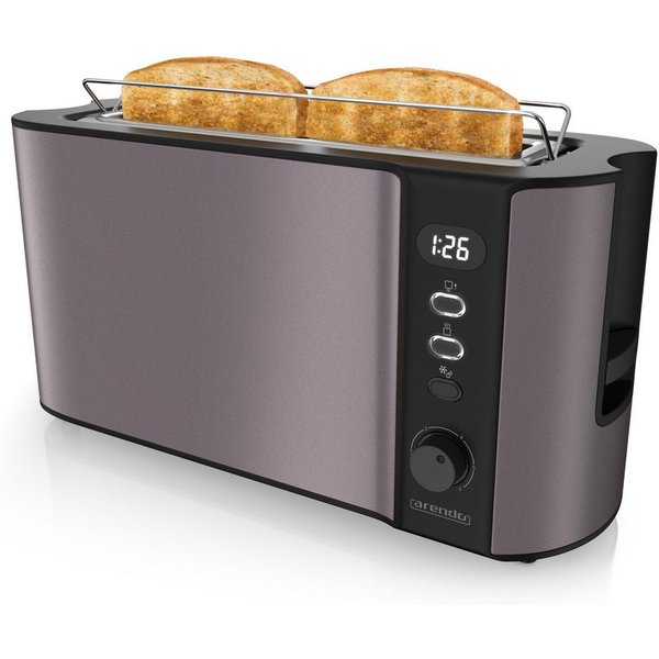 Arendo Toaster Edelstahl, Langschlitz, Display mit Restzeitanzeige, Brötchenaufsatz, 1 langer Schlitz, für 2 Scheiben, 1000 W, Defrost Funktion, Wärmeisolierend