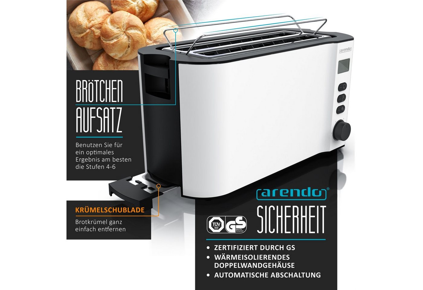 Arendo Toaster Edelstahl, Langschlitz, Display mit Restzeitanzeige, Krümelschublade, 2 lange Schlitze, für 4 Scheiben, 1500 W, Defrost Funktion, Wärmeisolierend – Bild 2 von 5