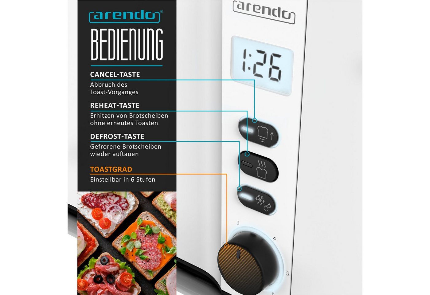 Arendo Toaster Edelstahl, Langschlitz, Display mit Restzeitanzeige, Krümelschublade, 2 lange Schlitze, für 4 Scheiben, 1500 W, Defrost Funktion, Wärmeisolierend – Bild 3 von 5