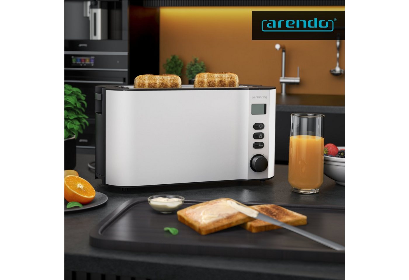 Arendo Toaster Edelstahl, Langschlitz, Display mit Restzeitanzeige, Krümelschublade, 2 lange Schlitze, für 4 Scheiben, 1500 W, Defrost Funktion, Wärmeisolierend – Bild 5 von 5