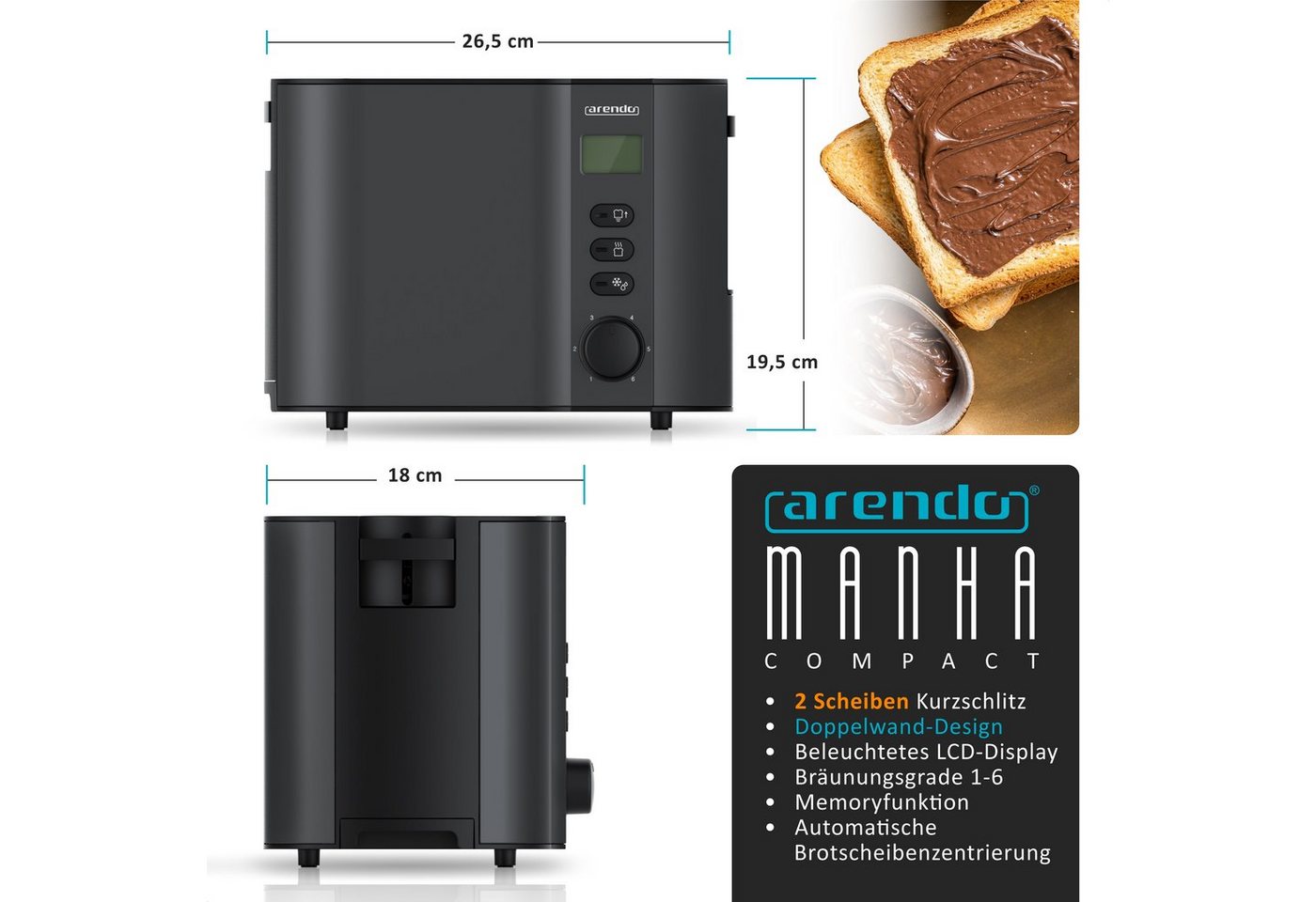 Arendo Toaster Edelstahl, 2 Scheiben Kurz, Kurzschlitz, Display, Restzeitanzeige, 2 kurze Schlitze, für 2 Scheiben, 800 W, Integrierter Brötchenaufsatz, Doppelw – Bild 2 von 5