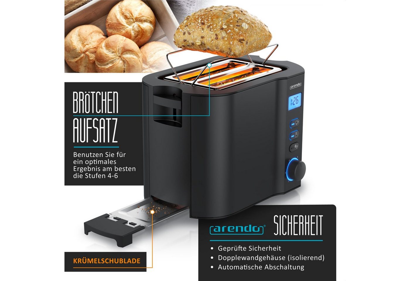 Arendo Toaster Edelstahl, 2 Scheiben Kurz, Kurzschlitz, Display, Restzeitanzeige, 2 kurze Schlitze, für 2 Scheiben, 800 W, Integrierter Brötchenaufsatz, Doppelw – Bild 3 von 5
