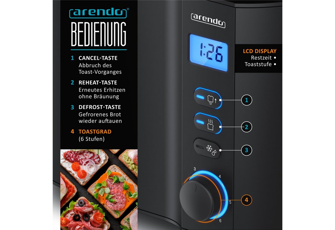Arendo Toaster Edelstahl, 2 Scheiben Kurz, Kurzschlitz, Display, Restzeitanzeige, 2 kurze Schlitze, für 2 Scheiben, 800 W, Integrierter Brötchenaufsatz, Doppelw – Bild 4 von 5