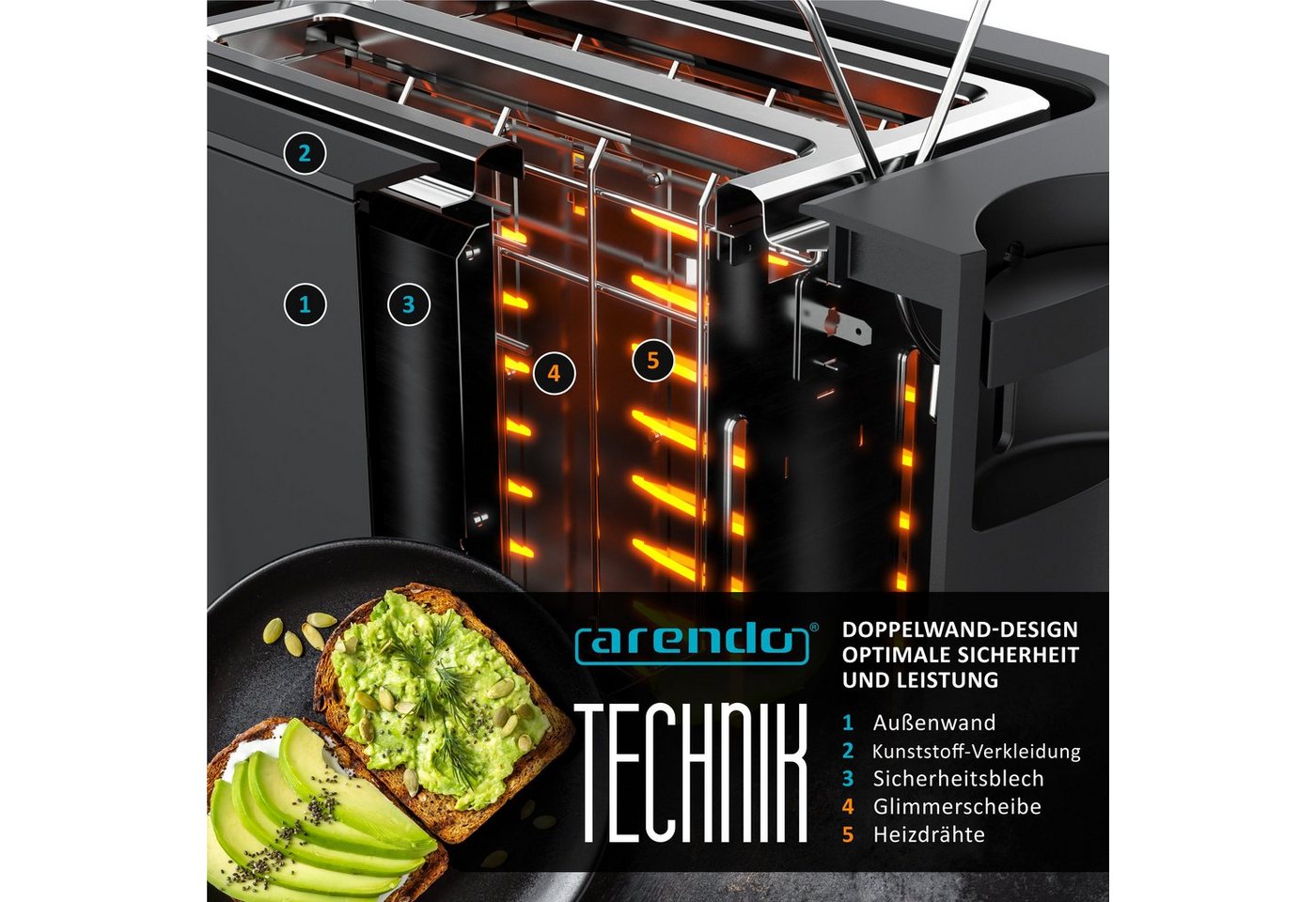 Arendo Toaster Edelstahl, 2 Scheiben Kurz, Kurzschlitz, Display, Restzeitanzeige, 2 kurze Schlitze, für 2 Scheiben, 800 W, Integrierter Brötchenaufsatz, Doppelw – Bild 5 von 5