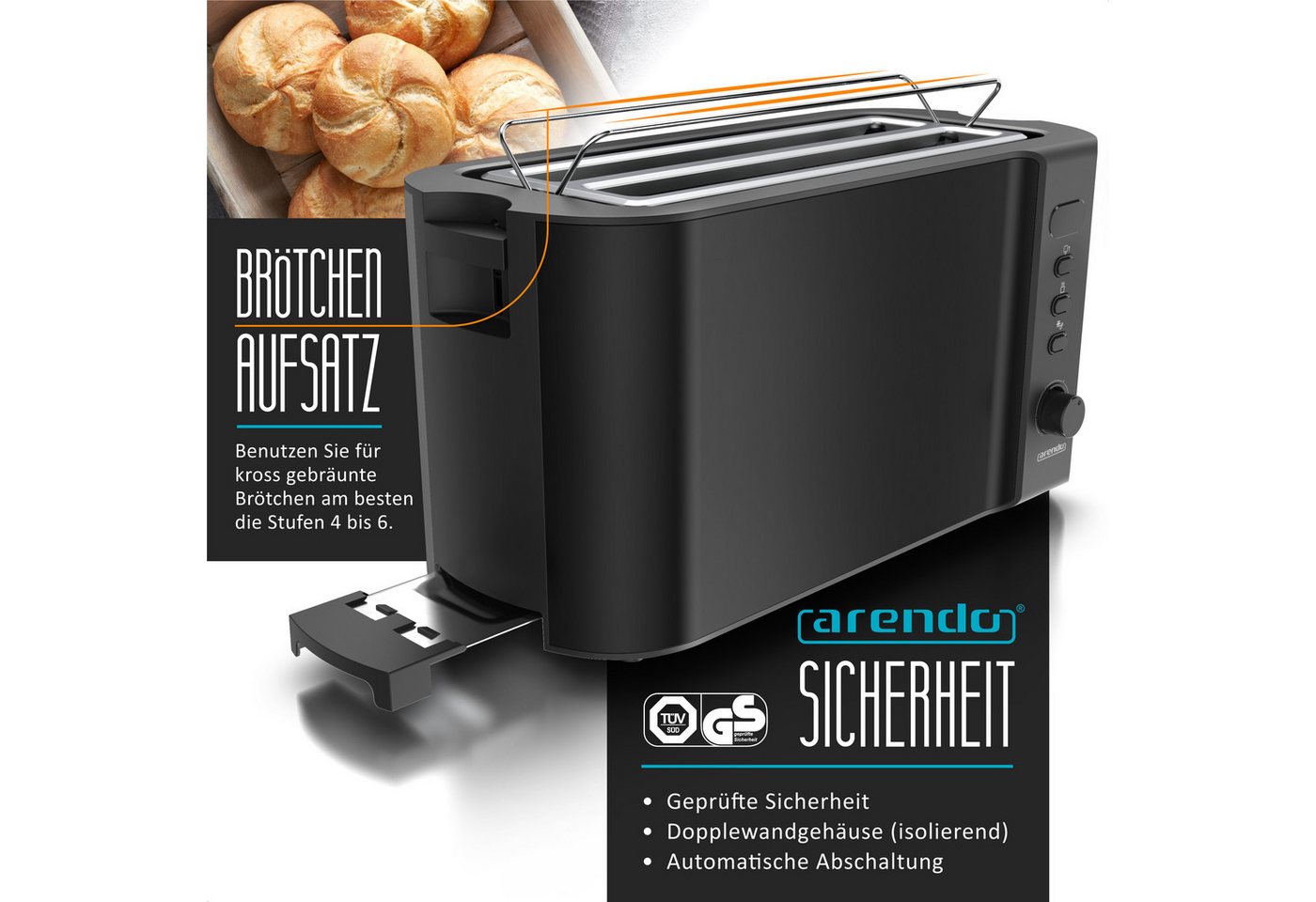 Arendo Toaster Edelstahl, Langschlitz, Display mit Restzeitanzeige, Krümelschublade, 2 lange Schlitze, für 4 Scheiben, 1500 W, Defrost Funktion, Wärmeisolierend – Bild 2 von 5
