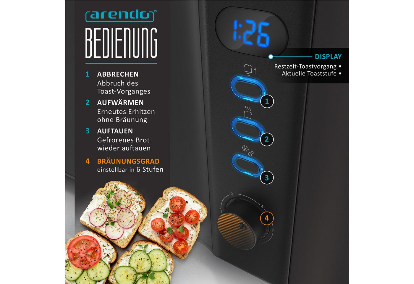 Arendo Toaster Edelstahl, Langschlitz, Display mit Restzeitanzeige, Krümelschublade, 2 lange Schlitze, für 4 Scheiben, 1500 W, Defrost Funktion, Wärmeisolierend – Bild 3 von 5
