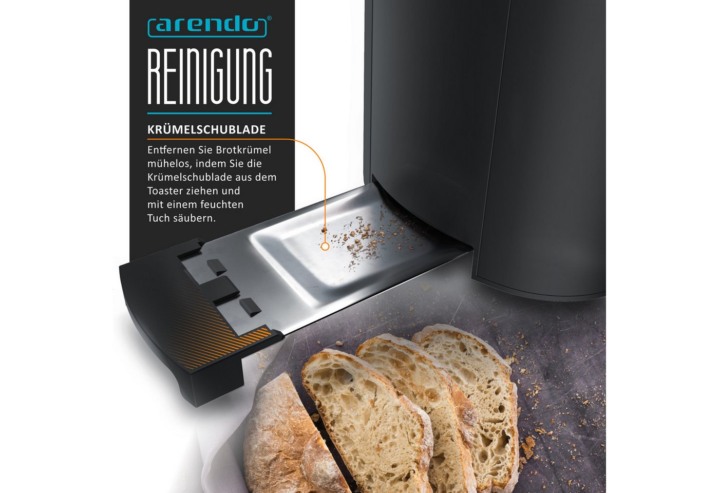 Arendo Toaster Edelstahl, Langschlitz, Display mit Restzeitanzeige, Krümelschublade, 2 lange Schlitze, für 4 Scheiben, 1500 W, Defrost Funktion, Wärmeisolierend – Bild 4 von 5