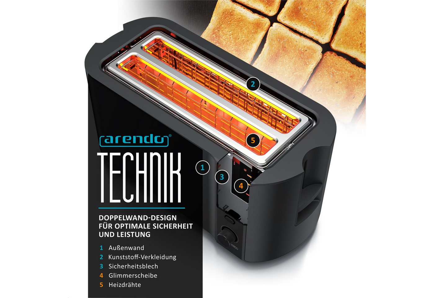 Arendo Toaster Edelstahl, Langschlitz, Display mit Restzeitanzeige, Krümelschublade, 2 lange Schlitze, für 4 Scheiben, 1500 W, Defrost Funktion, Wärmeisolierend – Bild 5 von 5