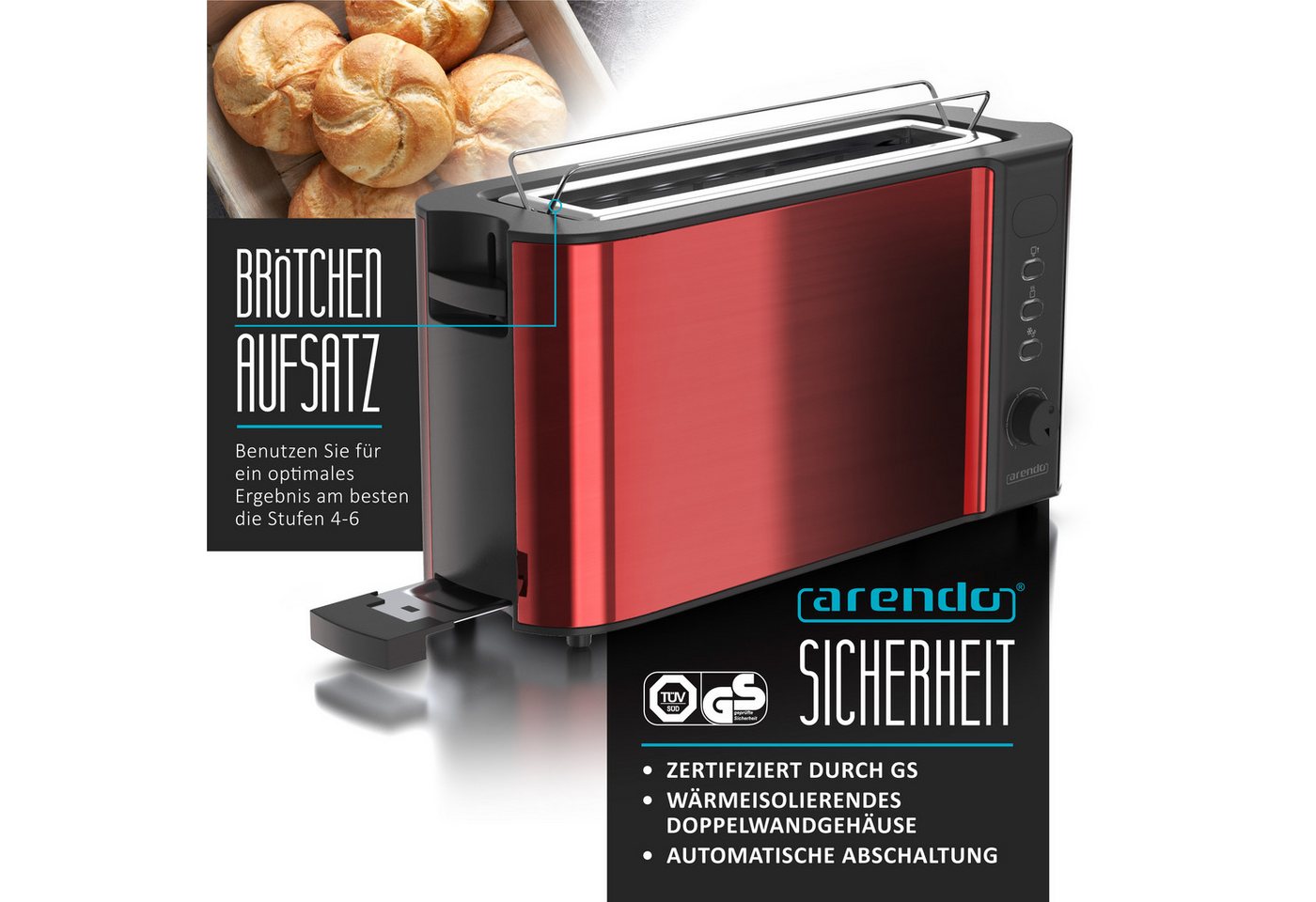 Arendo Toaster Edelstahl, Langschlitz, Display mit Restzeitanzeige, Brötchenaufsatz, 1 langer Schlitz, für 2 Scheiben, 1000 W, Defrost Funktion, Wärmeisolierend – Bild 2 von 5