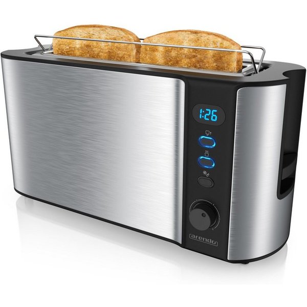 Arendo Toaster Edelstahl, Langschlitz, Display mit Restzeitanzeige, Brötchenaufsatz, 1 langer Schlitz, für 2 Scheiben, 1000 W, Defrost Funktion, Wärmeisolierend
